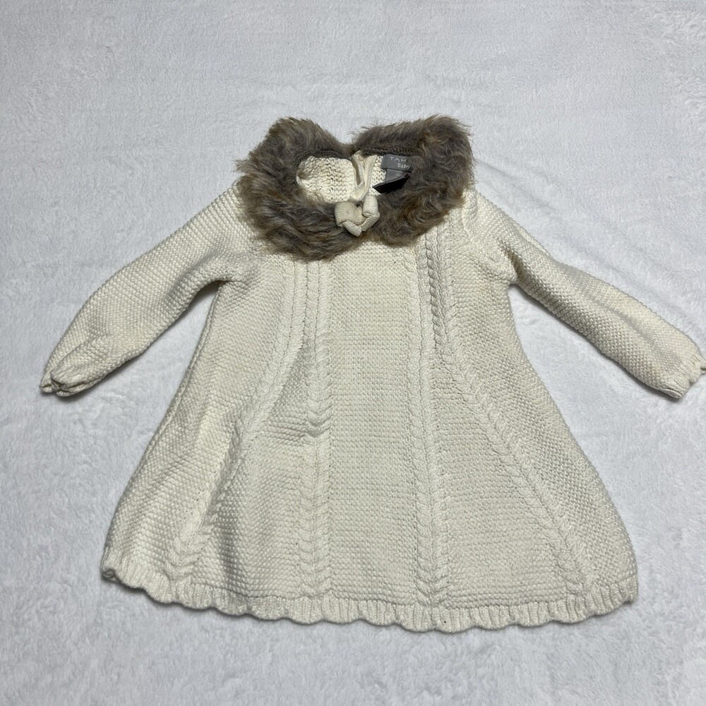 Tahari Baby Sweater Dress 6-9 Months Ivory Faux Fur Collar Cable Knit
